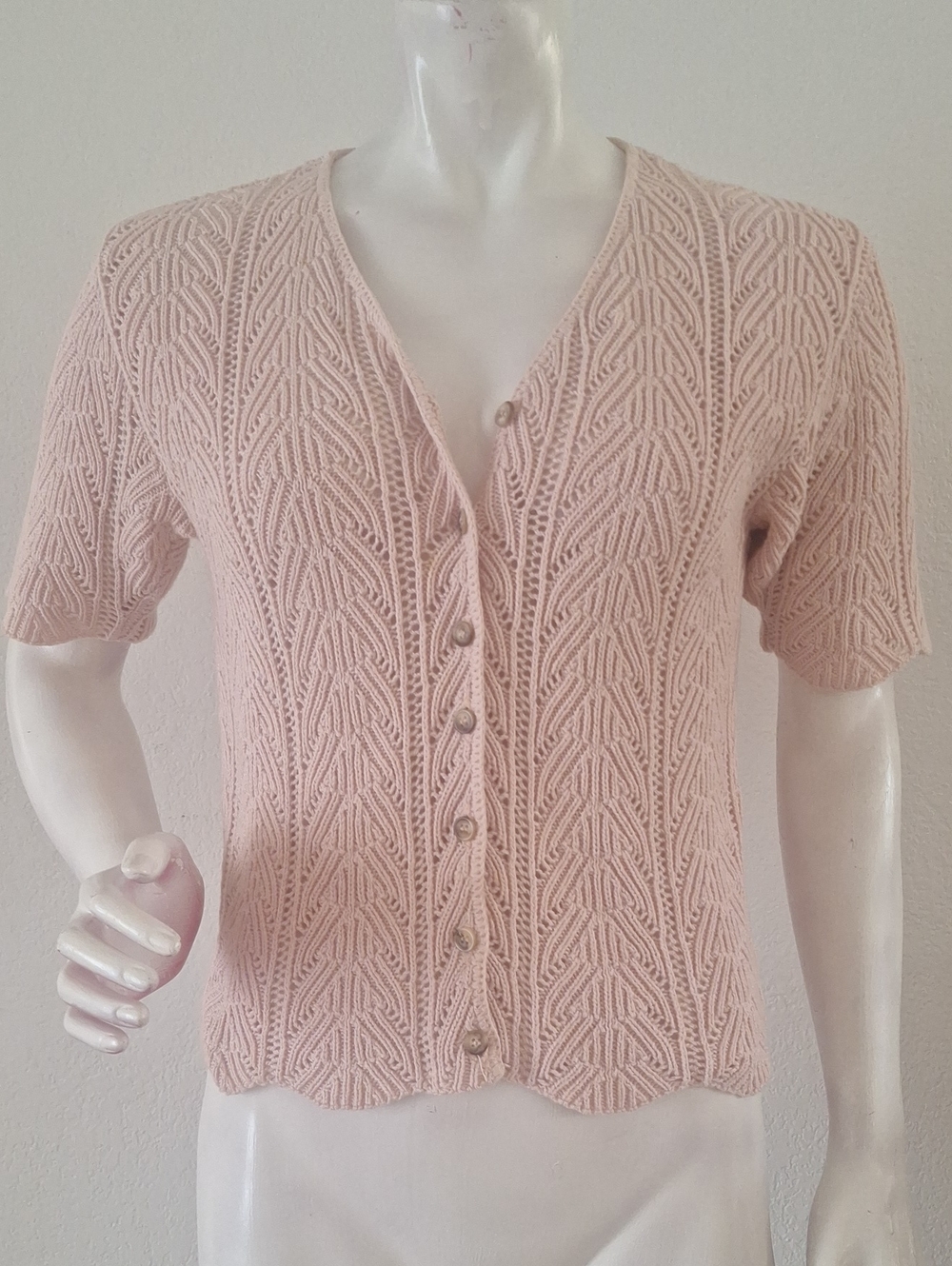 Gorgeous Sara Arizona 100% Cotton Pale Pink Short-Sleeve Knit Cardigan Top Sz S